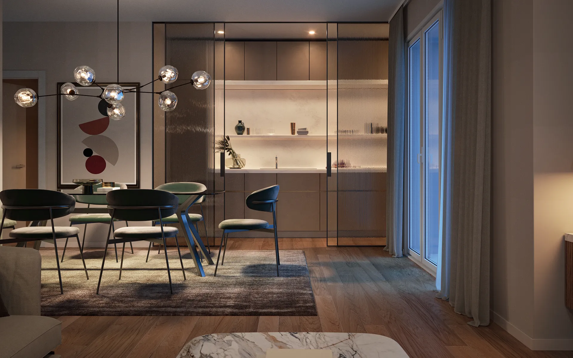 Zona giorno bilocale Bombay New Living con luce naturale e finiture di pregio