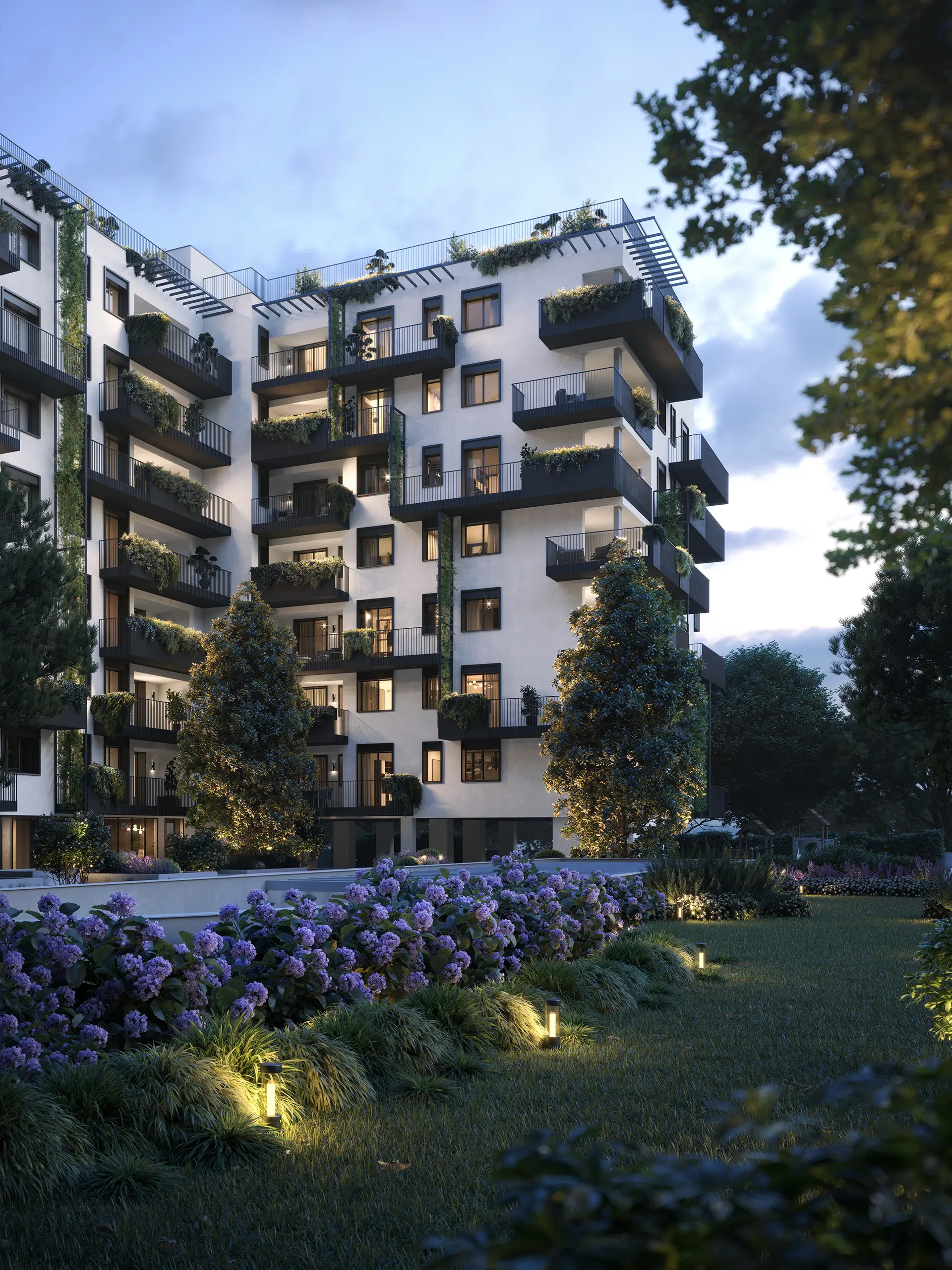 Vista esterna residenze Bombay New Living con terrazze e logge private all’EUR Roma
